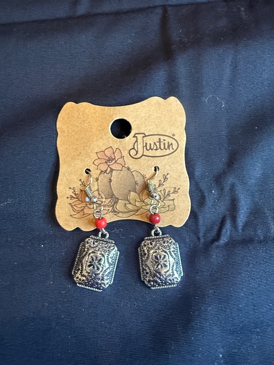 Justin Boots Jewelry - Justin Boots Silver Filigree Drop Earrings with Red Beads